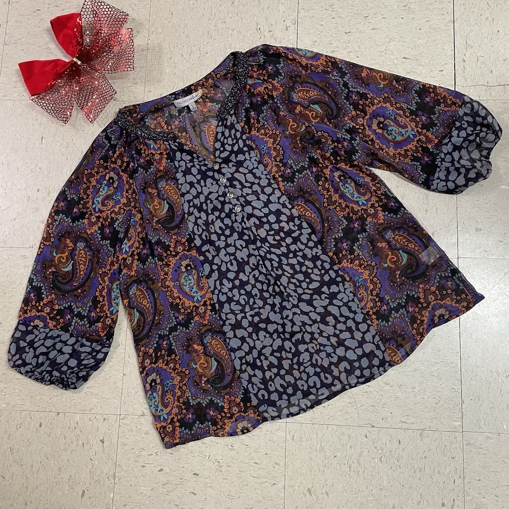 FIGUEROA & FLOWER Sz L Multiprint Blouse Floral Paisley Leopard Beaded Sheer Top